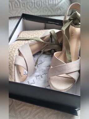 Lulu's Neutral Espadrille Wedge Sandals with Olive Ankle Ties